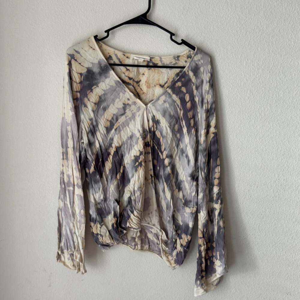 River + Sky Womens Large Grey Cream Tie Dye V-Neck Long Sleeve Draped Blouse